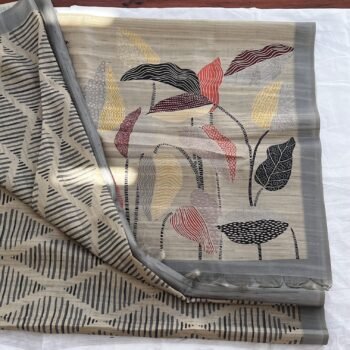 Slate Gray - Diamond Digital Painted Tussar Semi Silk Saree with Botanical Theme Pallu