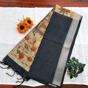 Heritage Elegance: Classic Blue Tussar Semi Silk Saree with Pichwai Themed Pallu