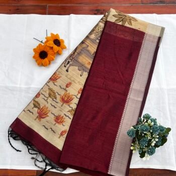 Heritage Elegance: Wine Maroon Tussar Semi Silk Saree with Pichwai Themed Pallu