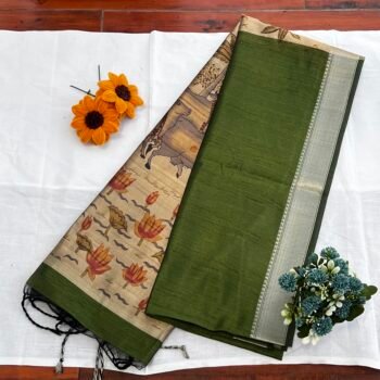 Heritage Elegance: Moss Green Tussar Semi Silk Saree with Pichwai Themed Pallu