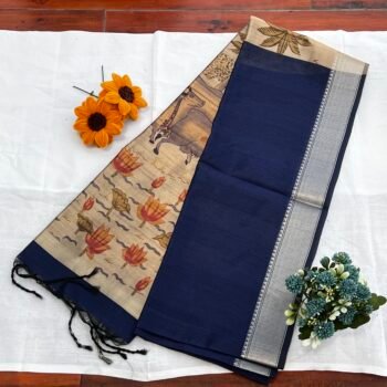 Heritage Elegance: Indigo Blue Tussar Semi Silk Saree with Pichwai Themed Pallu