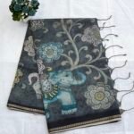 Deep Grey - Soft Cotton Blend Saree with Kalamkari Inspired Prints