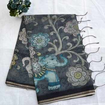 Deep Grey - Soft Cotton Blend Saree with Kalamkari Inspired Prints
