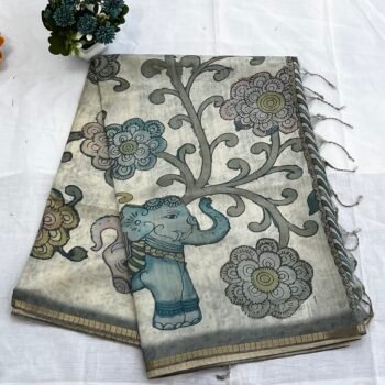 Off White - Soft Cotton Blend Saree with Kalamkari Inspired Prints