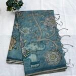 Teal Blue - Soft Cotton Blend Saree with Kalamkari Inspired Prints