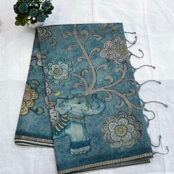 Teal Blue - Soft Cotton Blend Saree with Kalamkari Inspired Prints