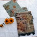 Mist Blue - Abstract Autumn Themed Soft Cotton Blend Saree