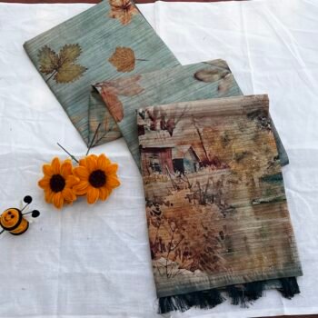 Mist Blue - Abstract Autumn Themed Soft Cotton Blend Saree