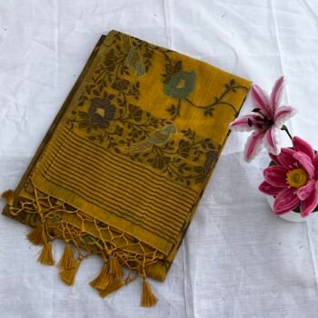 Honey Yellow - Soft Muga Cotton Botanical Weave Saree