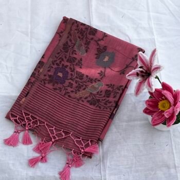 Onion Pink - Soft Muga Cotton Botanical Weave Saree