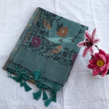 Rama Blue - Soft Muga Cotton Botanical Weave Saree