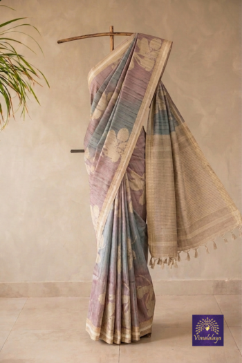 Mauve Blue Ombre Floral - Semi Tussar Silk Saree
